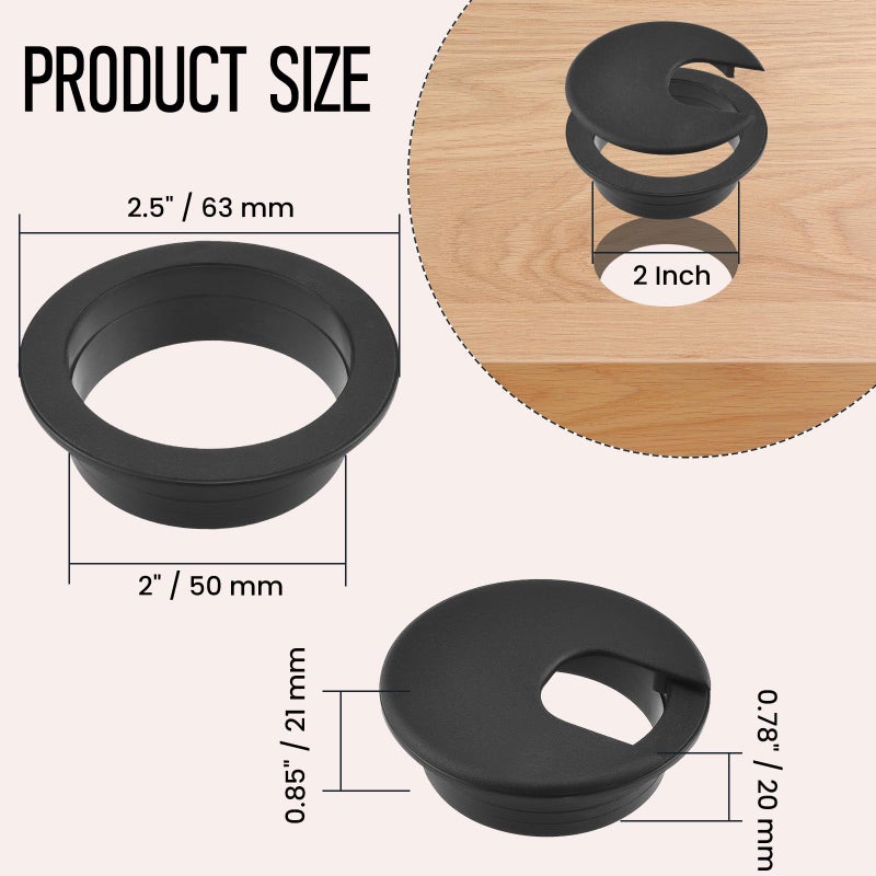 HONSNKS 2 Inch Desk Grommet, 6 Pcs 2 Inch ABS Plastic Cable Hole Cover, Tidy Cable Hole Cover Organizers for Office PC Computer Desk Cord Management (Black) - Image 2